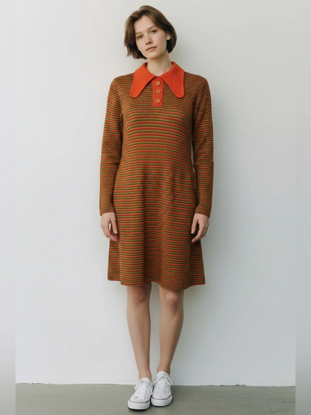Vintage 1970s Butterfly Collar Striped A-Line Dress